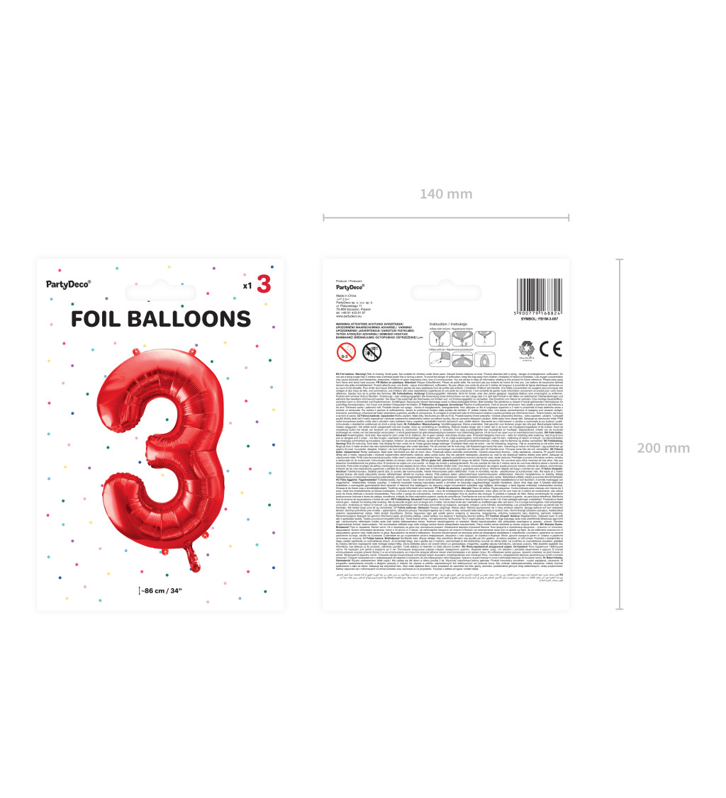 Červený balónik v tvare čísla 3