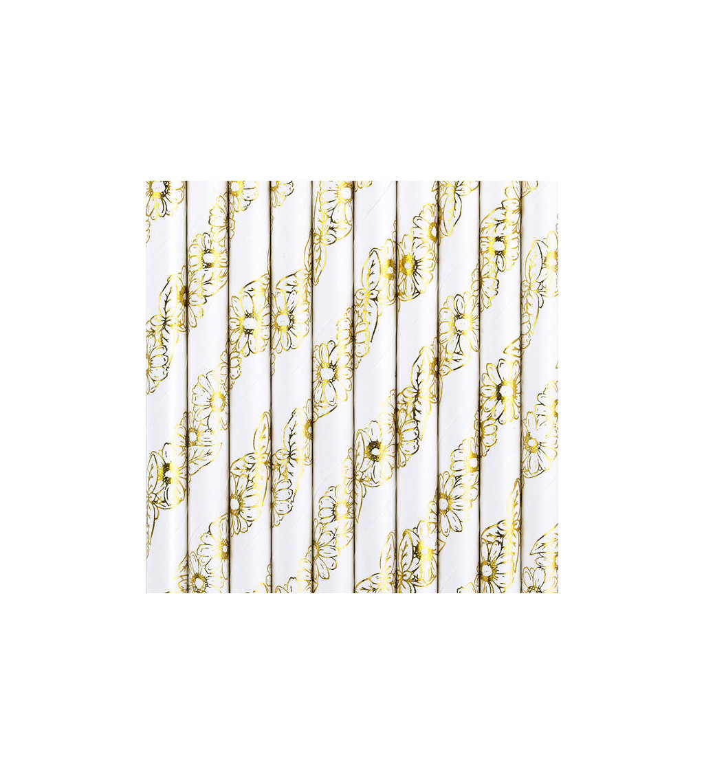 Biele papierové slamky so zlatými kvetmi