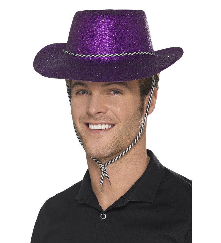 FIalový trblietavý klobúk Kovboj