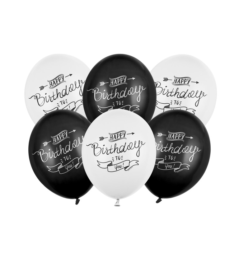 Balóny "Happy Birthday" - Biele, čierne