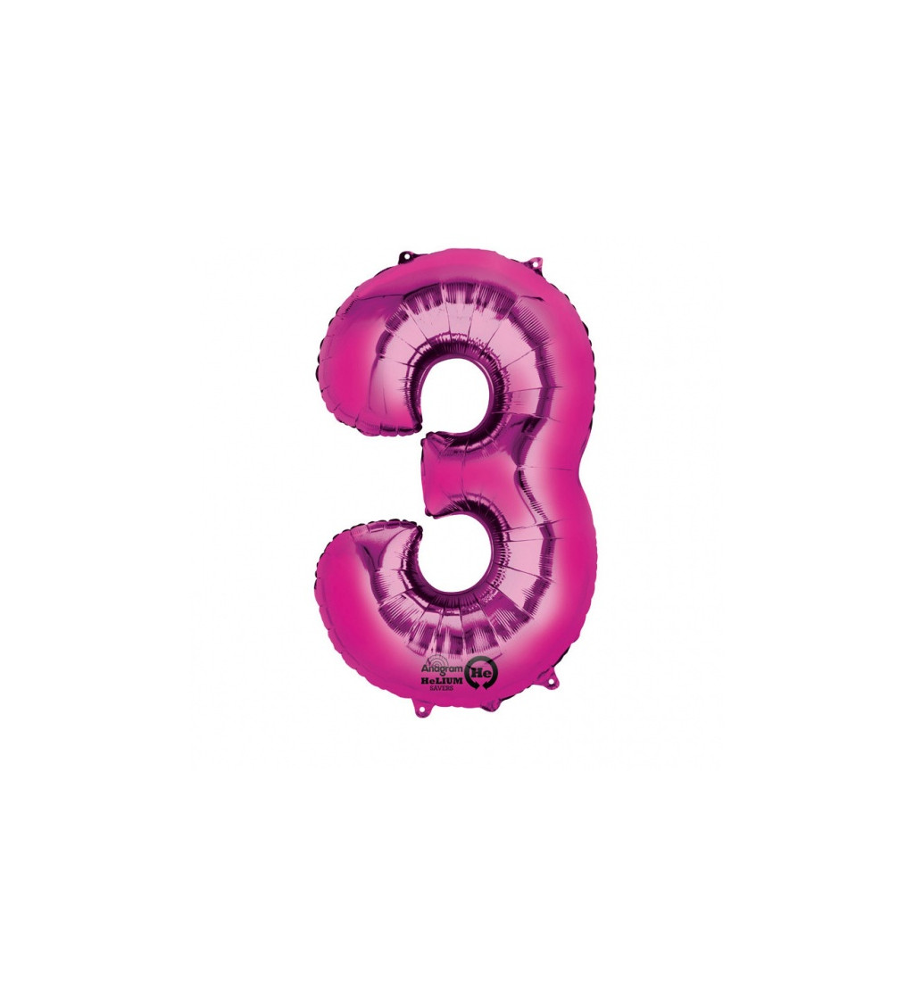 Ružový fóliový balónik v tvare čísla 3