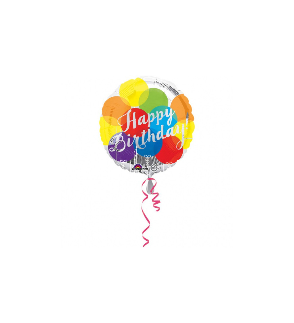Farebný okrúhly fóliový balónik Happy Birthday