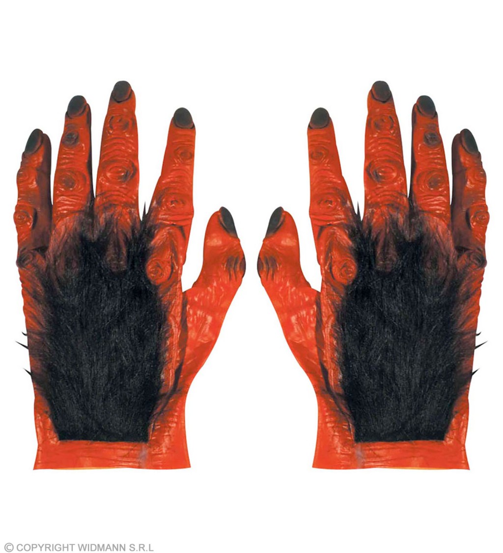 Červené rukavice s čiernymi chlpami