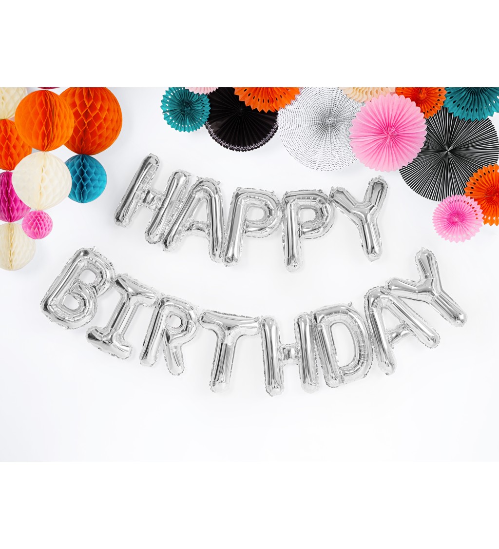 Metalický fóliový balónik Happy Birthday, strieborný,