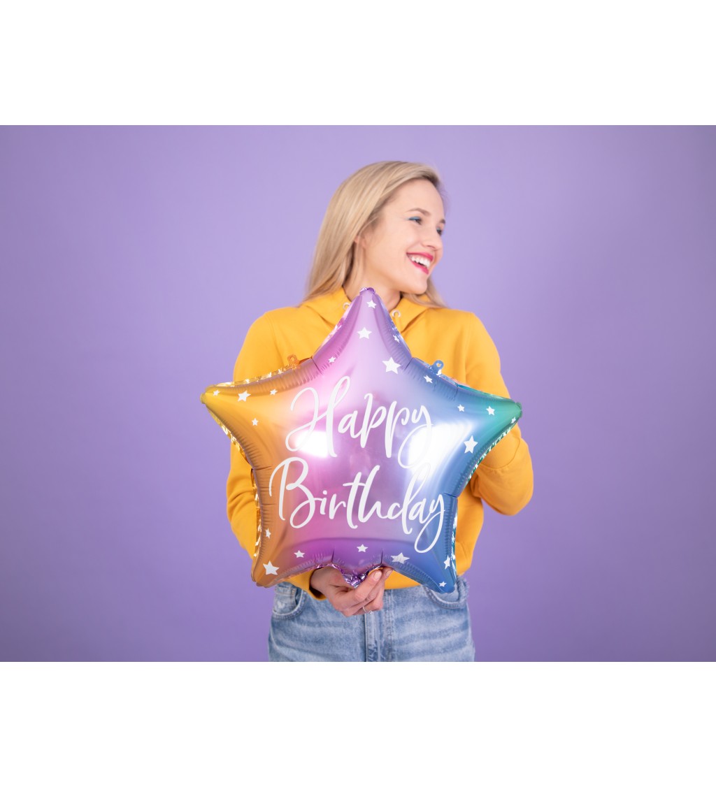 Farebný balón v tvare hviezdy Happy Birthday
