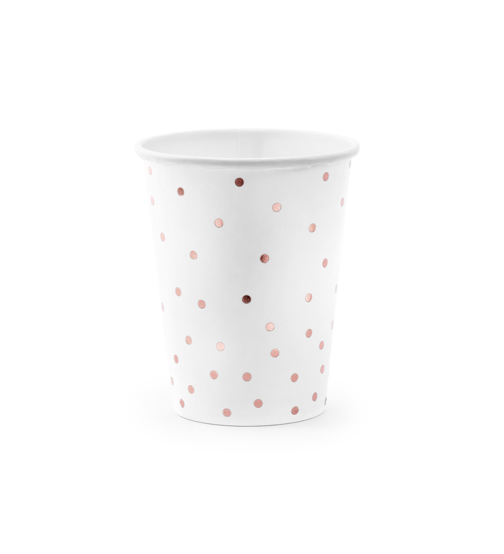 Biele papierové poháre s Rosegold bodkami
