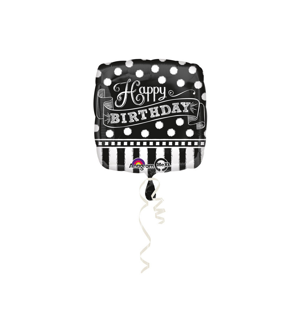 Fóliový balónik Happy Birthday, čierno-biely