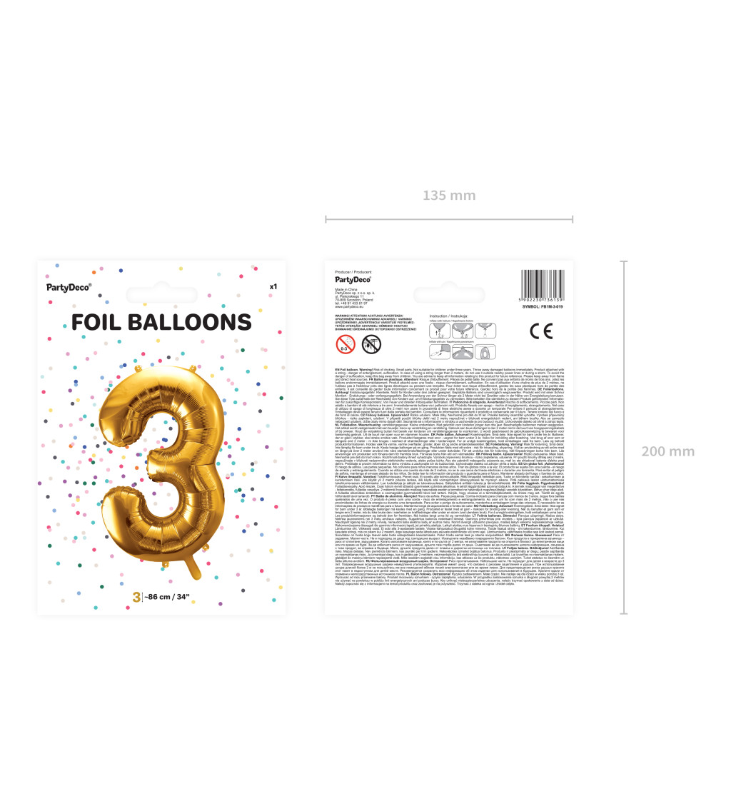 Fóliový balónik - číslo 3 zlatý