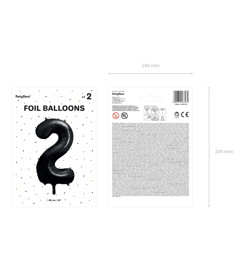 Čierny balón v tvare čísla 2