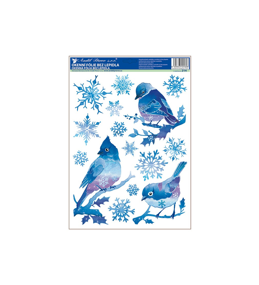 Okenná fólia vtáky so snehovými vločkami modrý s trblietkami 37x29 cm