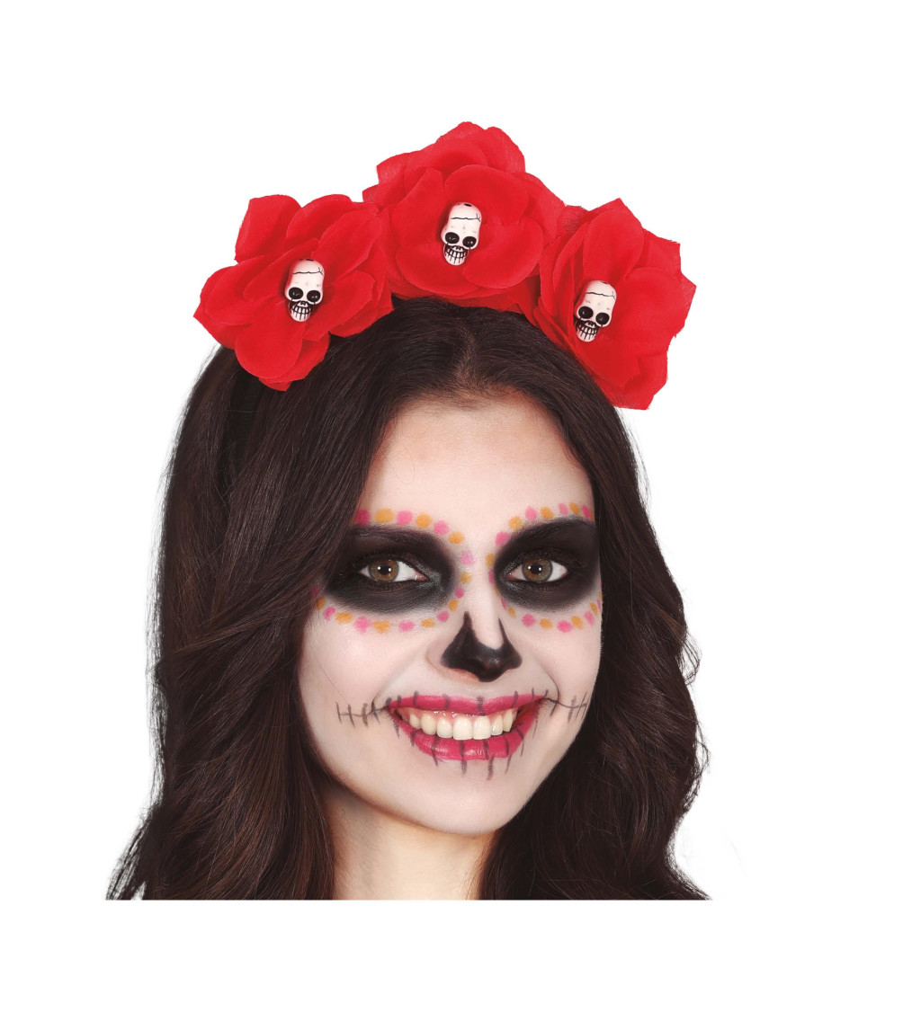 Červená Catrina - kvety a lebky