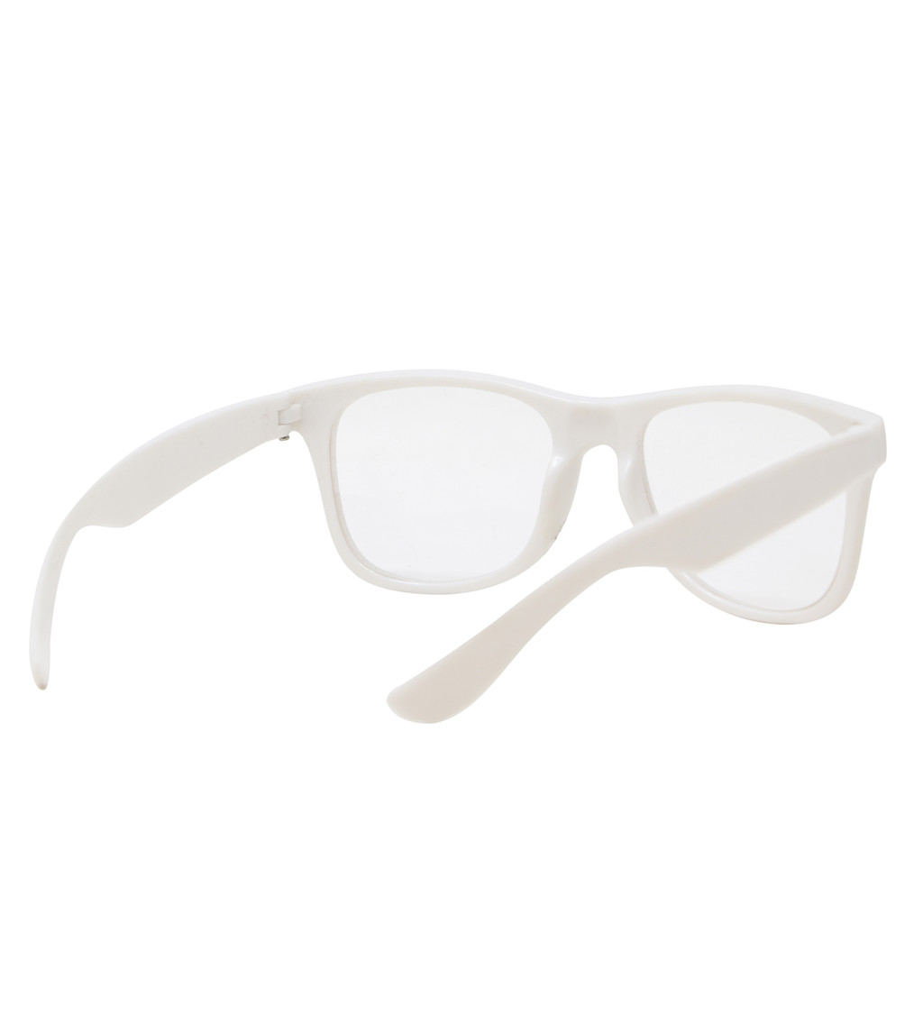 Biele okuliare s priehľadnými sklami