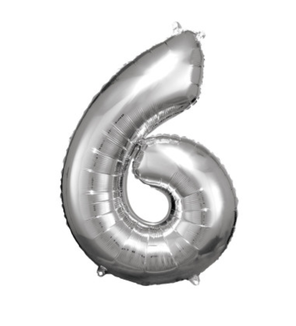 Fóliový balónik "6" - strieborný 88cm