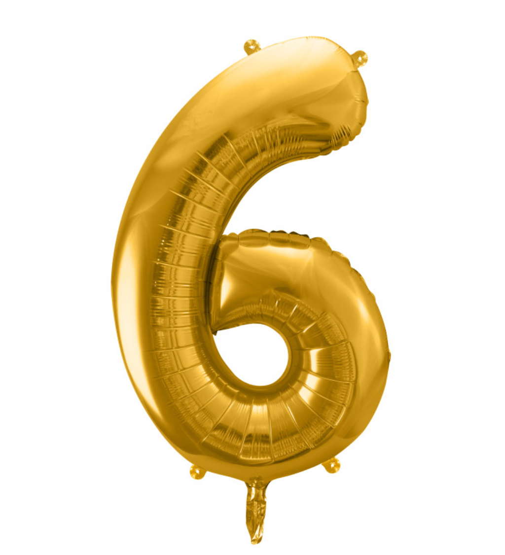 Fóliový balón v zlatej farbe v tvare čísla 6