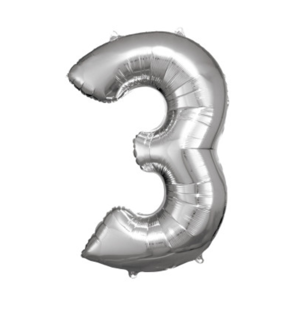 Fóliový balónik "3" - strieborný 88cm