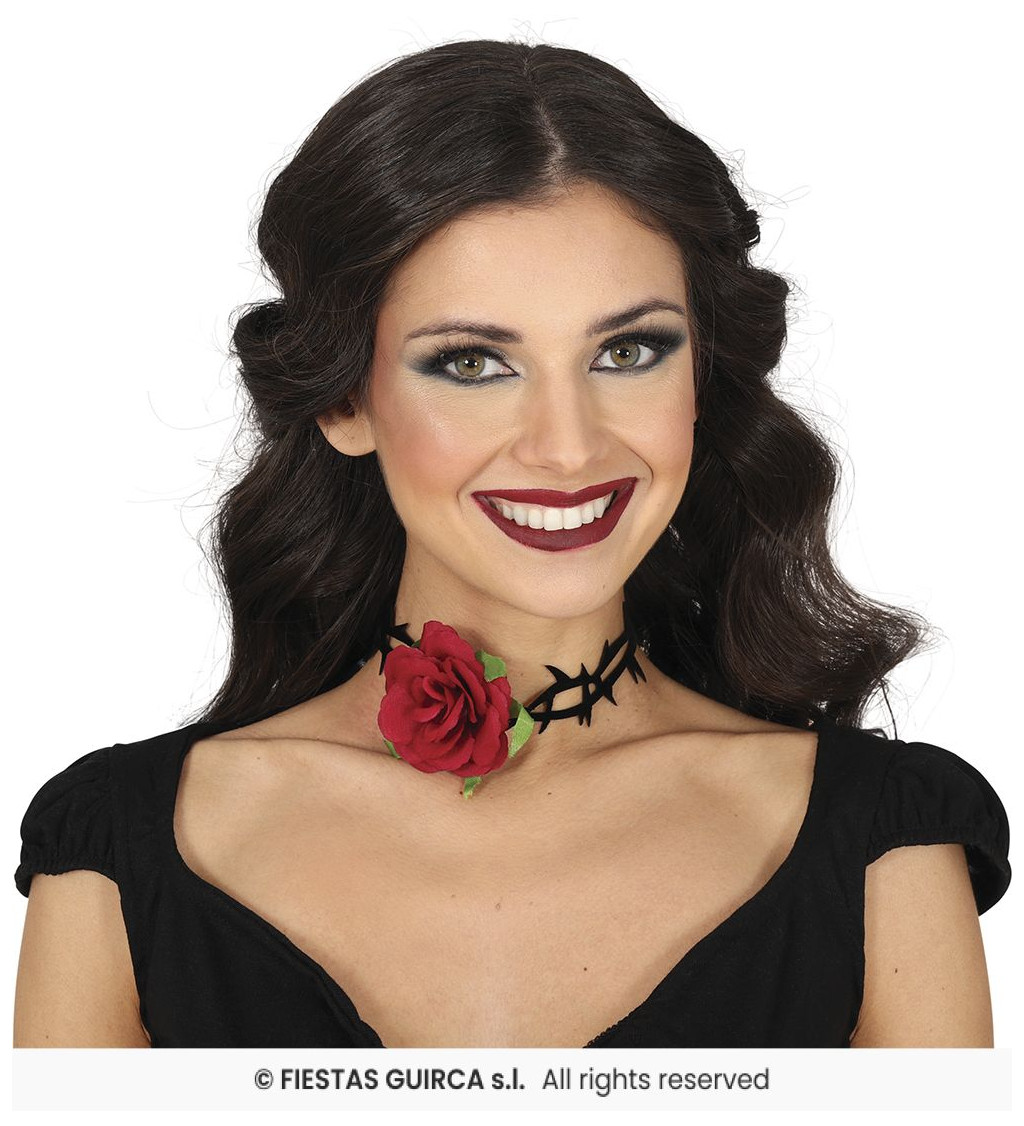 Choker náhrdelník s ružou a ostňami