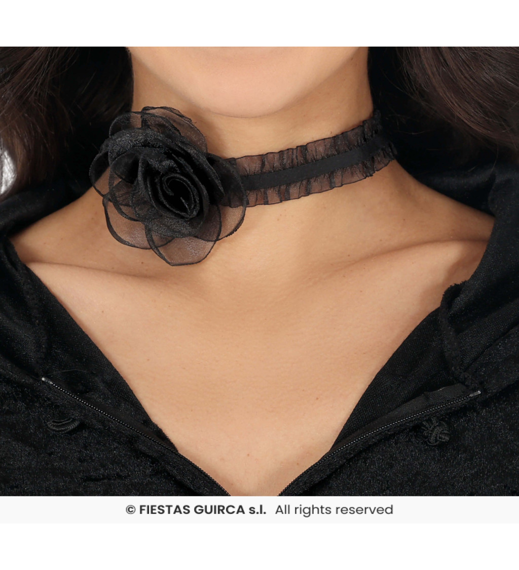 Čierny choker náhrdelník s ružou