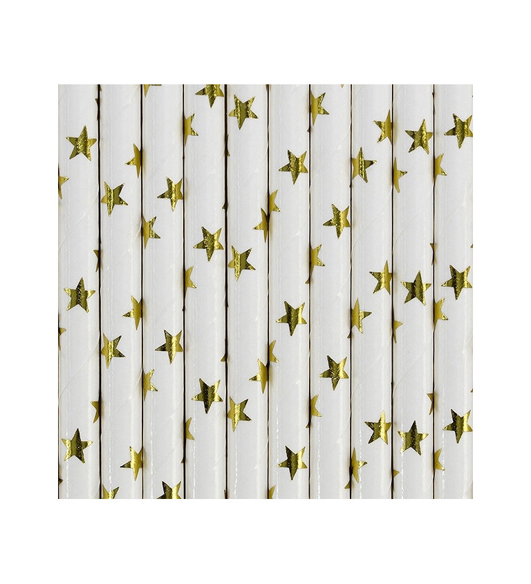 Slamky papierové so zlatými hviezdami - biele