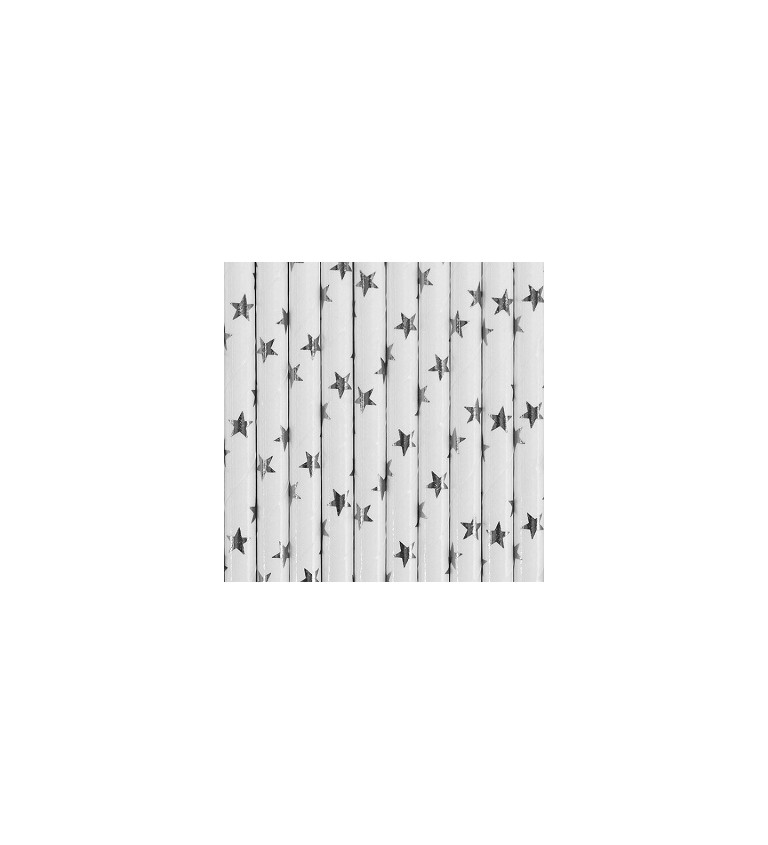 Slamky papierové so strieborrnými hviezdami - biele