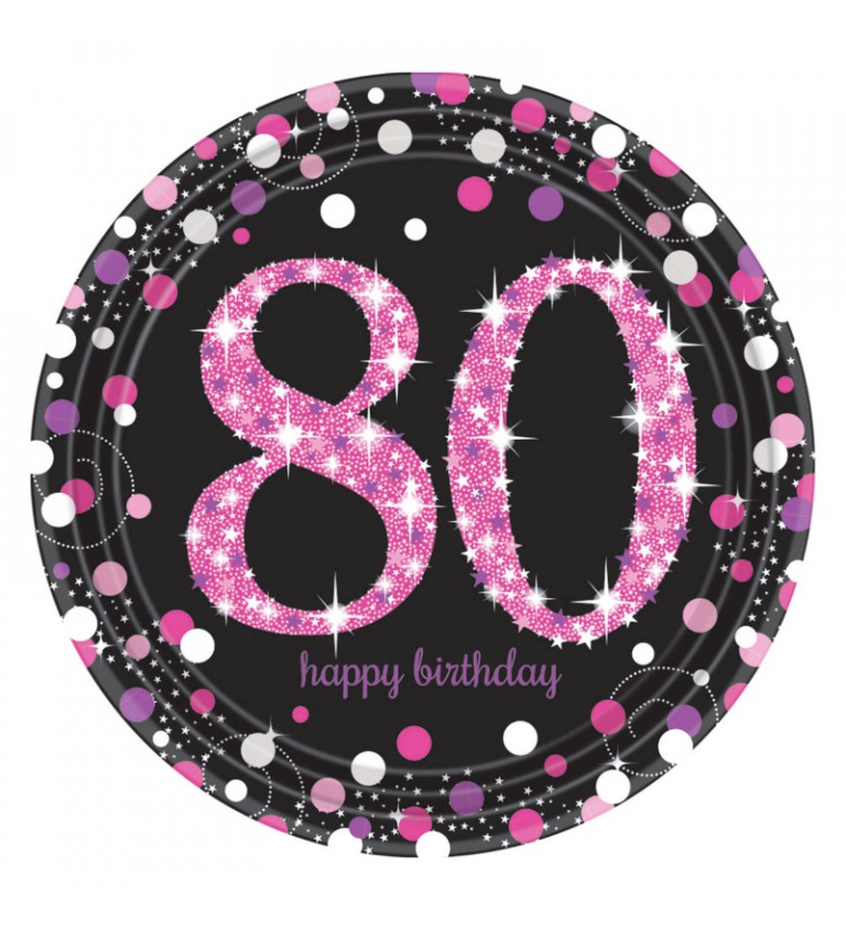 Čierne párty taniere s číslom 80 v ružovej farbe