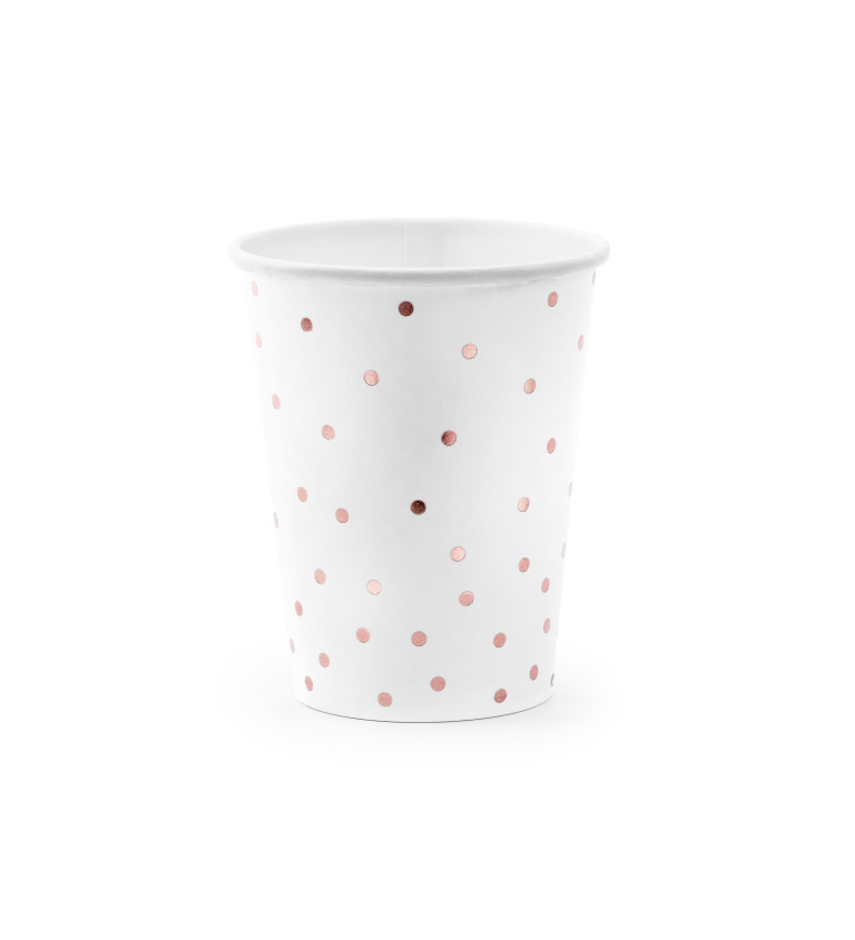 Biele papierové poháre s Rosegold bodkami