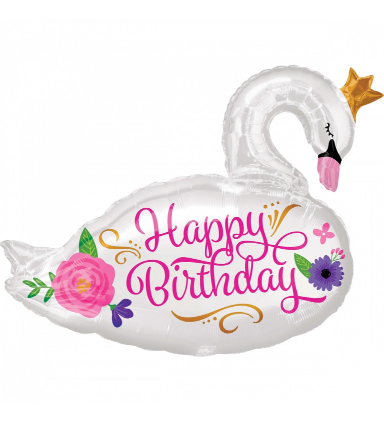 Fóliový balónik Happy birthday, labuť