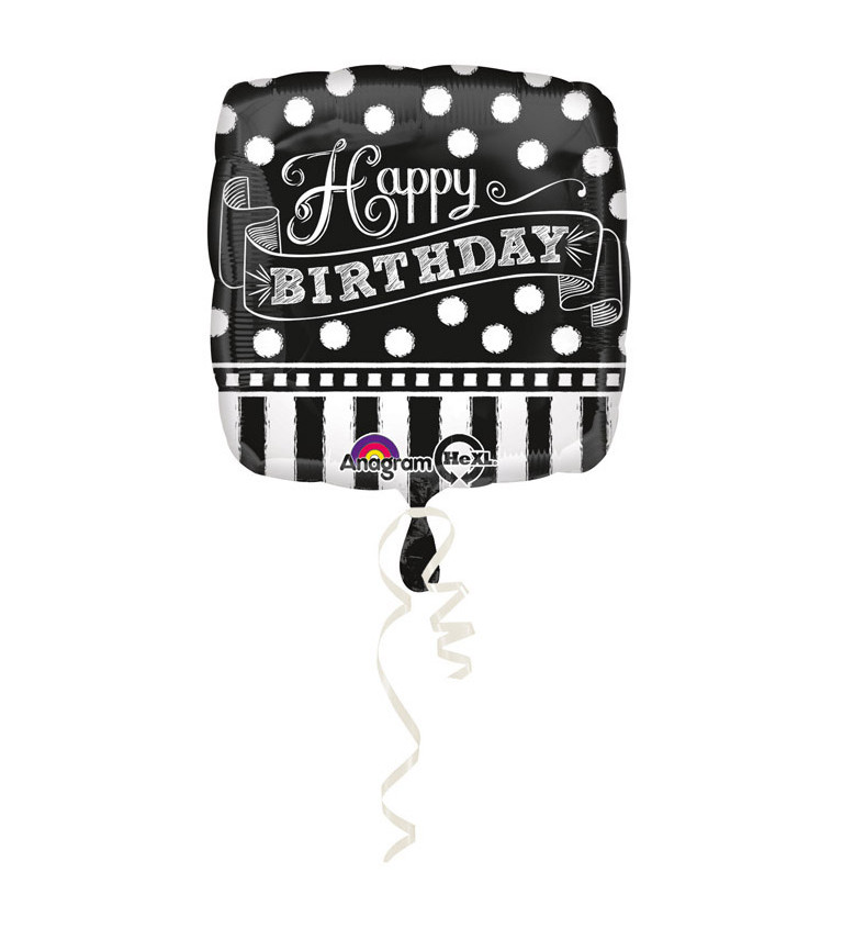 Fóliový balónik Happy Birthday, čierno-biely