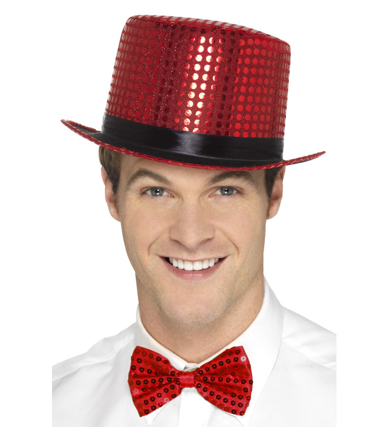 Červený trblietavý klobúk