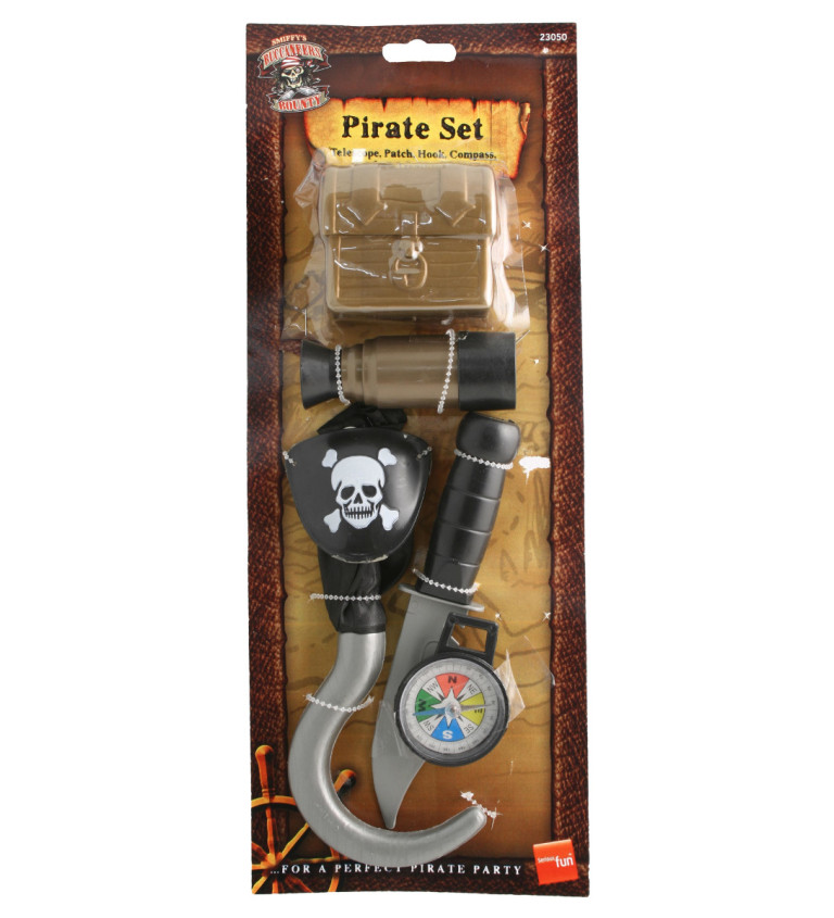 Pirátsky set - kompas, nôž, ďalekohľad, hák, truhla