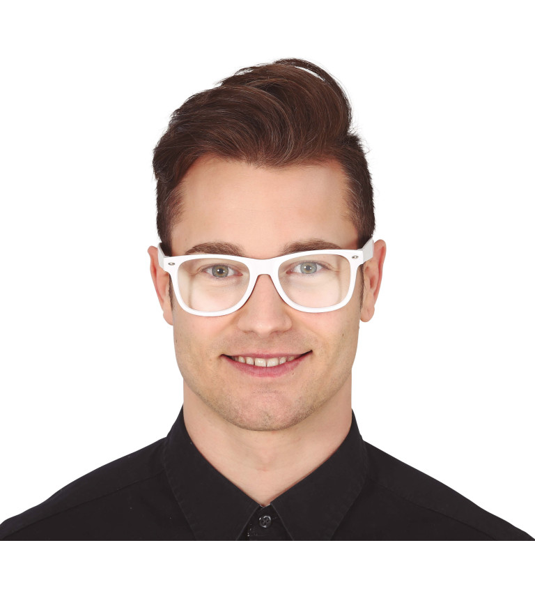 Biele okuliare s priehľadnými sklami