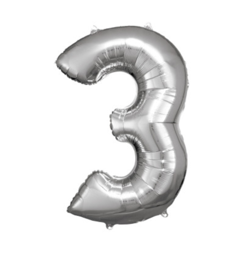 Fóliový balónik "3" - strieborný 88cm