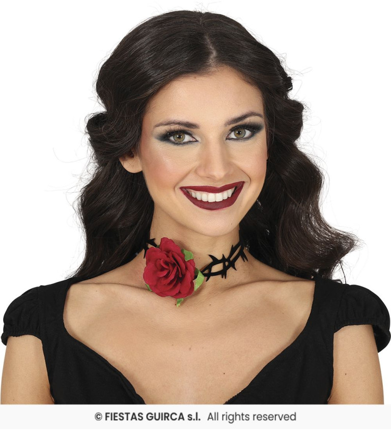 Choker náhrdelník s ružou a ostňami