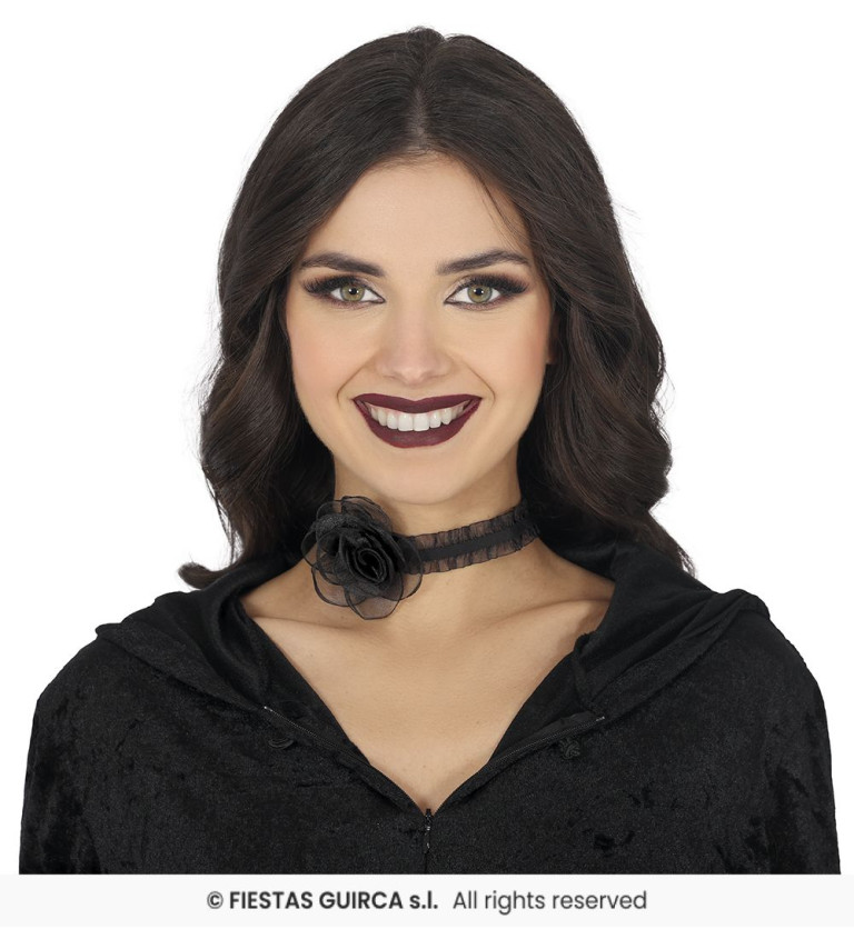 Čierny choker náhrdelník s ružou